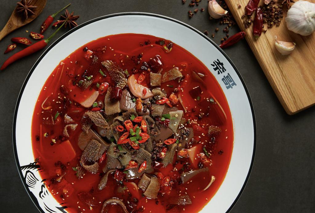Mao Xue Wang (川味毛血旺) · For the adventurous eaters, we’ve created a dish that includes beef tripe, ham, and an assortment of vegetables. Heat level: 3. Spicy.