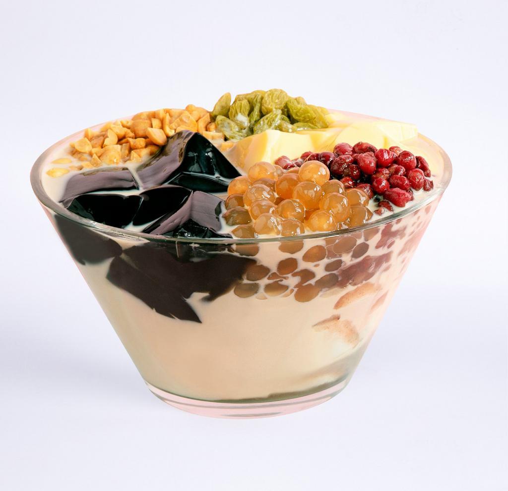 Taiwanese Style Grass Jelly Combo (台式招牌烧仙草) · Pudding, red bean, grass jelly, boba, coconut jelly, and aiyu jelly on a milk tea base.