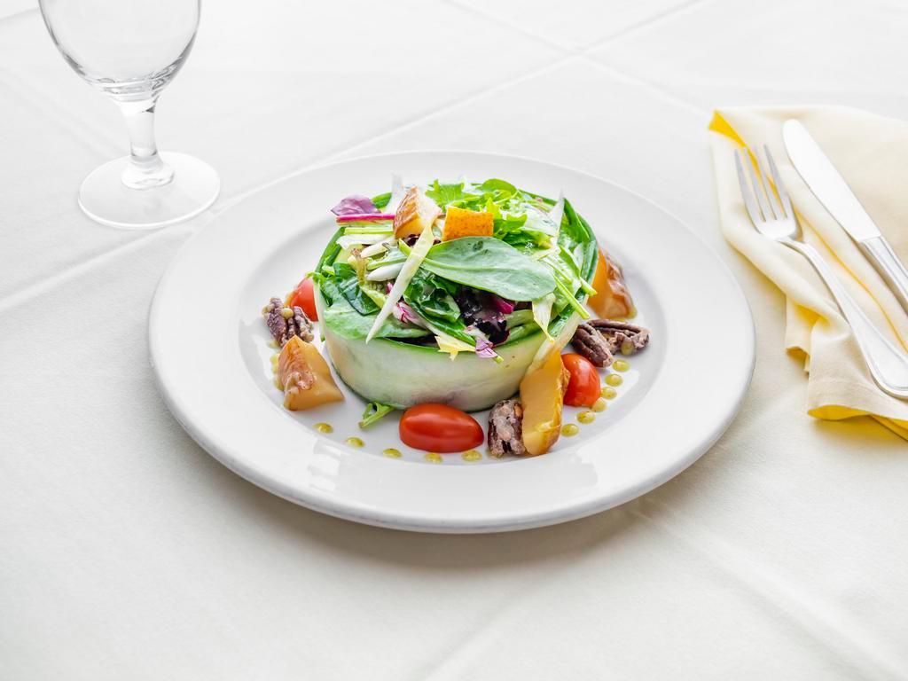 Pear & Mesclun Green Salad · With candied pecans, soft herbs, in sherry emulsion.