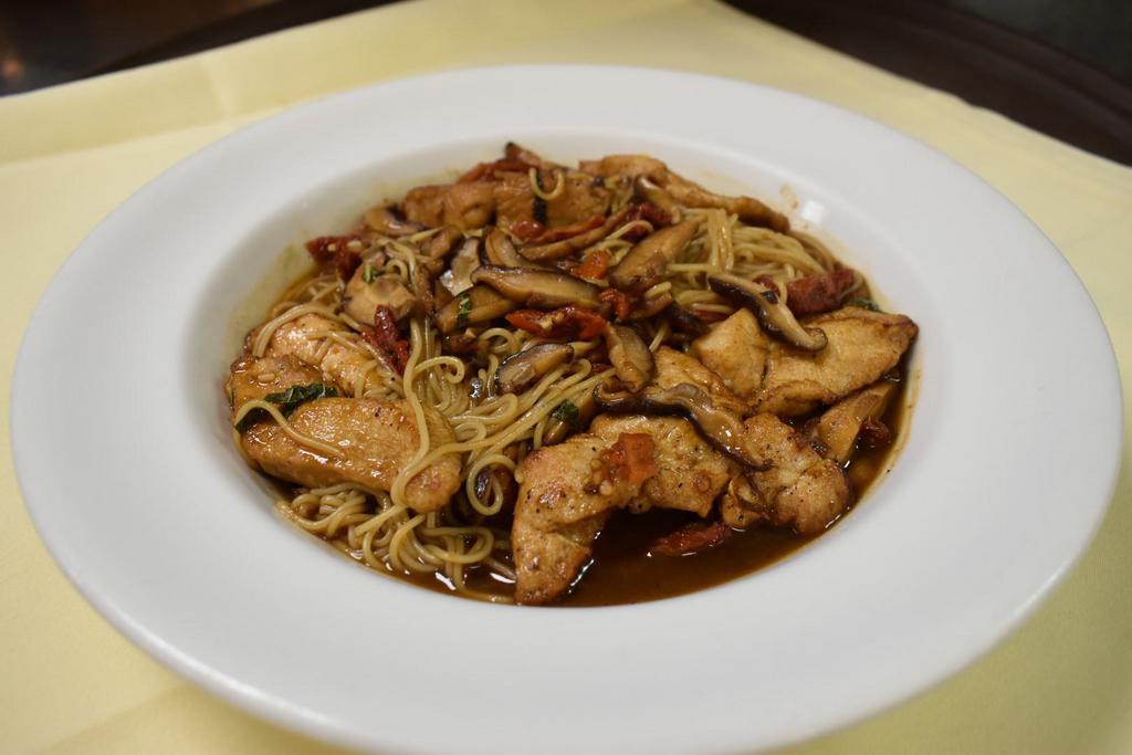 Chicken Balsamico & Capellini ·  Shiitake mushrooms and sun-dried tomatoes, sautéed with white wine and finished with balsamic 