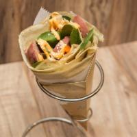 3. Sausages Crepe · Asian style sausage, avocado, baby spinach, spring mix, carrot, sweet corn, homemade mayo.