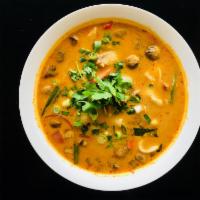 20. Tilapia Creamy Tom Yum Soup · Sliced tilapia with mushroom, tomato, red onion, galangal, lime juice and cilantro in hot an...