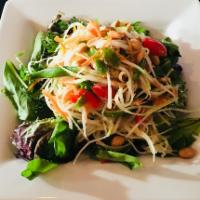 17. Papaya Salad · Green papaya with peanuts, fish sauce, sugar, dried shrimp, garlic, long beans, tomatoes, sh...