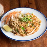 35. Phad Thai · Rice noodle stir fried with egg, fresh bean sprout, green onion, ground peanut and choice of...