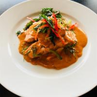 45. Salmon Panang Curry · 8 oz Grilled wild caught salmon, bell pepper and deep fried basil cooked with panang curry p...