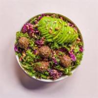 Impossibowl · Warm quinoa, shredded kale, carrots, purple cabbage, sweet potatoes, pickled onions, half av...