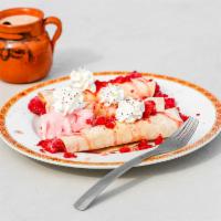 Crepes · 3 thin pancakes filled with cream cheese and strawberries or Nutella and banana. Topped with...