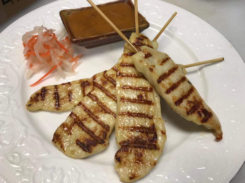 01. Chicken Satay · Grilled chicken skewer, served with peanut sauce for dipping.