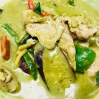 17. Green Curry · Choice of meat. Eggplant, bell pepper, green bean, basil in green curry. Medium spicy.