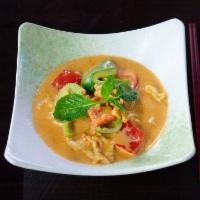 18. Panang Curry · Choice of meat. Bell pepper, sweet basil in thick curry sauce. Medium spicy.