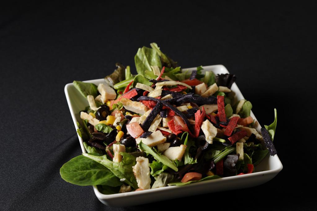 Sw Chipotle Chicken Salad · Fresh seasonal mixed greens, grilled chicken, roasted corn, black beans, Roma tomatoes, black olives, tortilla strips.