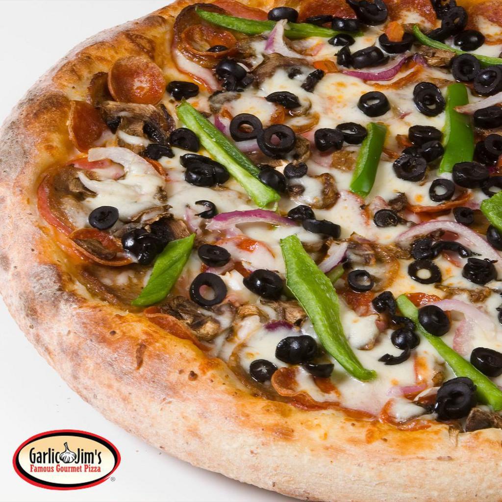 The Ultimate Large Pizza · Our classic combo. Pepperoni, Canadian bacon, spicy Italian sausage, black olives, red onions, mushrooms, green peppers, and extra cheese.
