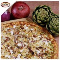 Jim's Gourmet Garlic Large Pizza · Our basil pesto sauce, marinated artichoke hearts, roasted garlic, sun-dried tomatoes, red o...