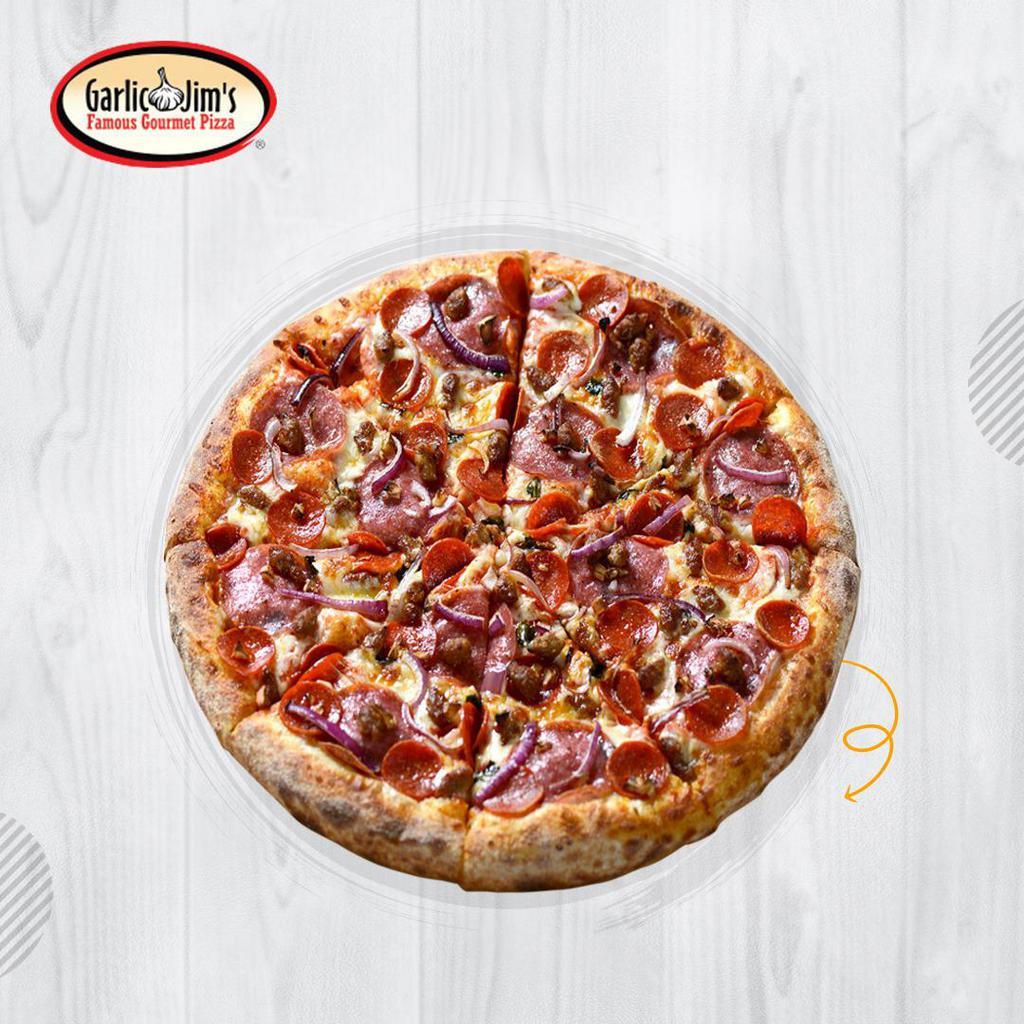 The Big Jimmy Medium Pizza · A big pizza for the big game! Loaded with salami, pepperoni, spicy Italian sausage, bacon, red onions, green peppers and extra mozzarella on our new roasted garlic tomato sauce. You’ll love it! The big Jimmy is not gluten-free due to the sauce. Note: The sauce has gluten in it.