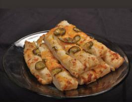 Cheesy Jalapeno Breadsticks · Served with jalapeno and a mixture of cheddar and mozzarella cheese. You'll love this twist on garlic Jim's cheese breadsticks. Comes with marinara and garlic butter.
