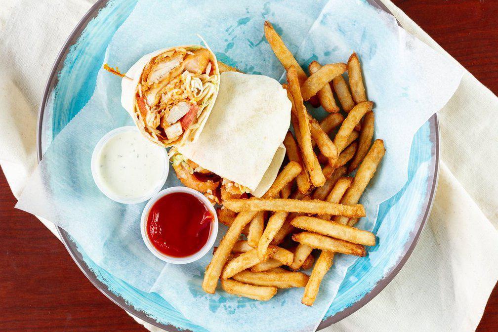 Buffalo Chicken Wrap · Breaded buffalo chicken, lettuce, tomatoes, cheddar jack cheese, and ranch dressing.