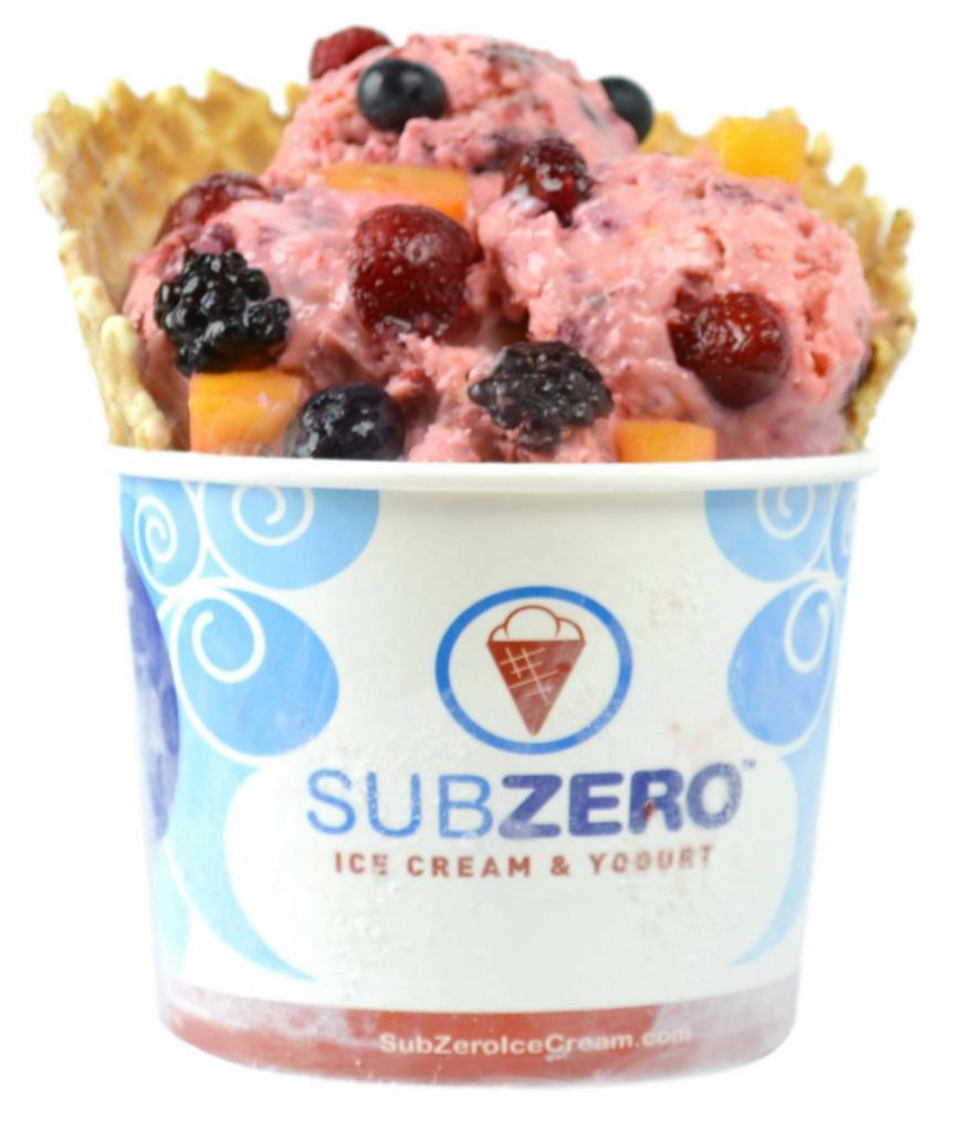 12. Citric Substance Ice Cream · Lemon and raspberry ice cream with mixed berries and peaches in a waffle bowl. Citric acid optional.