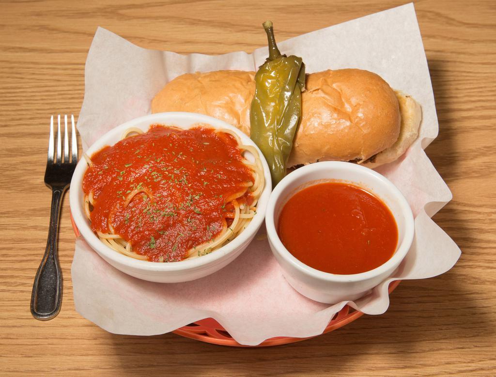 Italian Dip · Sausage sandwich topped with mozzarella cheese and chiles. Served with a side of spaghetti and sauce.