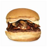 Bacon Mushroom Burger · 1/4 lb. cheeseburger topped with our aioli sauce, bacon, sauteed onions, and mushrooms on a ...