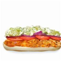 Buffalo Chicken Sandwich · Shredded chicken smothered in BBQ sauce and topped with our own coleslaw. Shown here as a gr...
