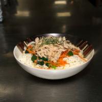 Rice Bowl with Chicken · Rice, celery, carrots, onions, Kale, and rotisserie chicken with a splash of our 12 hour sto...