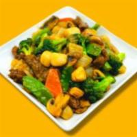 Beef and Scallops Chef Special · Beef, baby corn, water chestnuts, sliced bamboo shoots, onions, bok choy, mushrooms, snow pe...