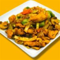 Mongolian Chicken Chef Special · Hot and spicy. Chicken, sliced bamboo shoot, water chestnuts, baby corn, onion, carrots, gre...