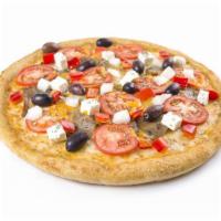 Pizza Santorini · Gyro meat, onions, fresh tomatoes, Kalamata olives, sprinkles of feta cheese, cheddar cheese...
