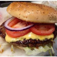 Cheese Smashmouth Burger · Our signature smashed hamburger patty topped with American cheese, lettuce, tomato, onion, p...