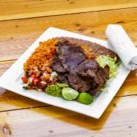 4. Carne Asada Plate · 2 thin carne asada steak with guacamole, pico de gallo, lettuce and corn or flour tortilla o...
