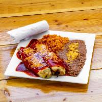 7. Chiles Rellenos Combo · 2 chiles rellenos smothered with enchilada sauce, lettuce, cheese and corn or flour tortilla...