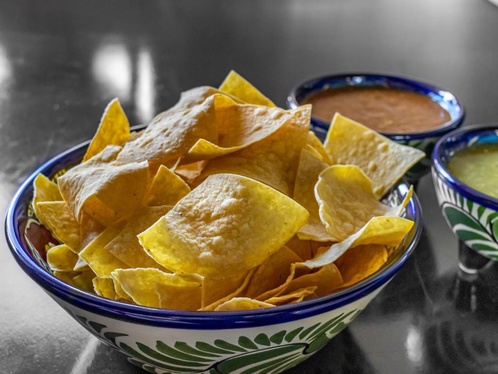Chips and Salsa · Covered with cheddar cheese, pico de gallo, topped with Jack cheese.