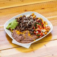Super Papas · Fries covered with cheddar cheese, beans, guacamole, sour cream, carne asada and pico de gal...