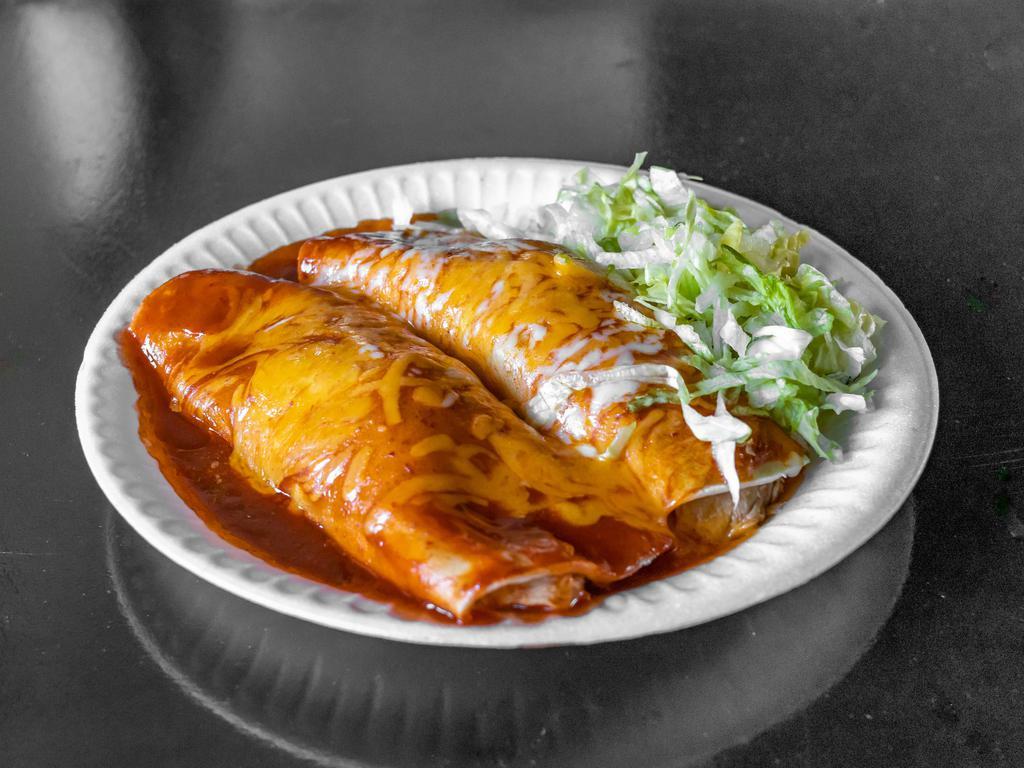 Cheese Enchilada · Plenty of cheese wrapped with 2 corn tortillas, topped with enchilada sauce, cheddar, Jack cheese, lettuce.