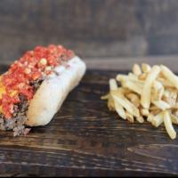 Southpaw Hoagie · Cheesesteak, crumbled flaming hot Cheetos, and cheese sauce.