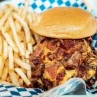 Porky Pig Burger Combo · Angus patty, pulled pork, bacon and American cheese. Comes with fries and a 24 oz drink. 