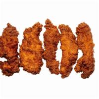 5 Piece Chicken Tenders · Five hand-battered crispy chicken strips and one free 2oz dipping sauce.