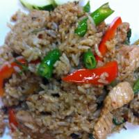 43. Basil Fried Rice Lunch · Sauteed with fresh basil leaves, bell peppers and fresh chili pepper. Hot and spicy.