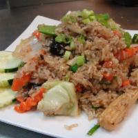 48. Fried Rice with Mixed Vegetables Lunch · Includes carrots, broccoli, baby corn, mushrooms, onion, snow peas and cabbage.