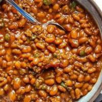 BAKED BEANS · Savory baked beans with ground beef.