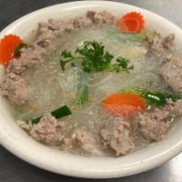 14. Glassy Noodle Soup (Vegetarian Style) · Glass noodle, pork and vegetable in clear soup.