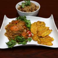 Stewed Vegetables with Meat · Served with rice and beans, fried plantain and salad.