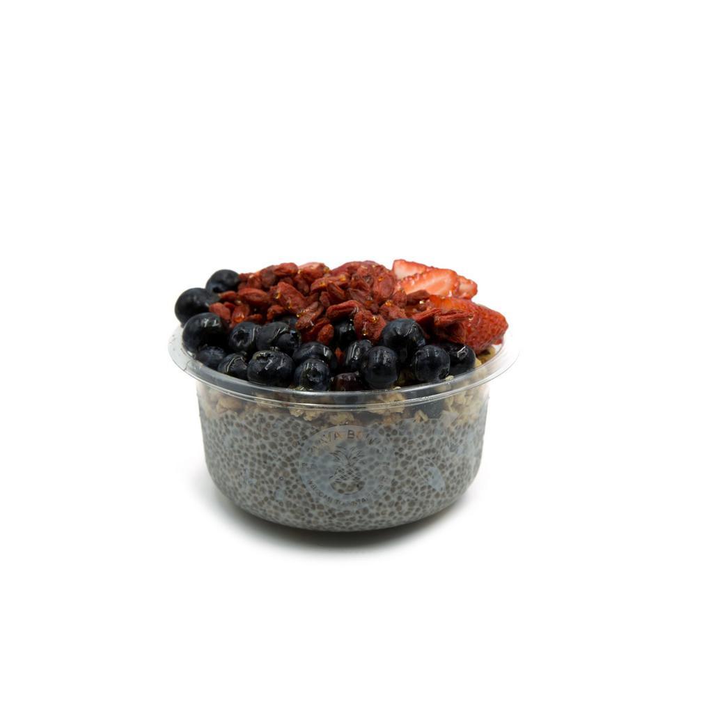 The Jetty Bowl · Chia seeds, coconut milk, agave, vanilla, granola, strawberry, blueberry, goji berries and honey.