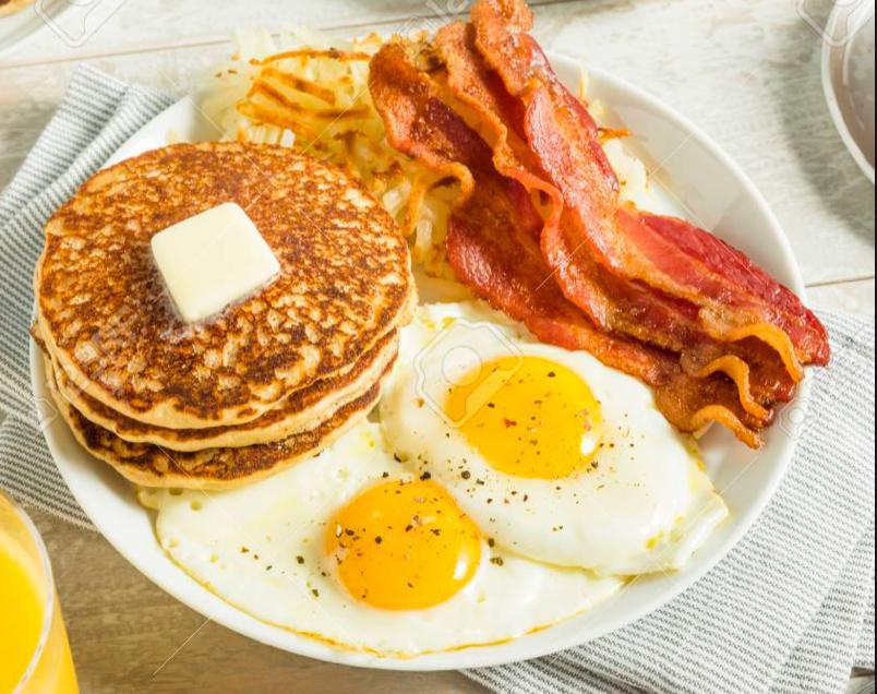 Pancakes eggs & sausage · Three butter milk pancakes, 2 sunny side up eggs, bacon straps and sausages