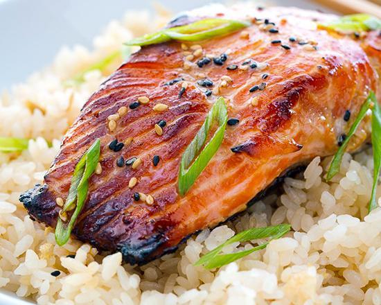Grilled Salmon white Rice & Vegetables · Grilled Salmon served with rice & vegetables