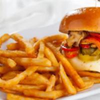 Chipotle Burger · Grilled red peppers, mushrooms and sliced jalapenos with pepper Jack cheese and creamy chipo...