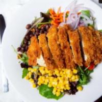Crispy Chicken Salad · Fried chicken breast with fresh mixed green, roasted corn, black bean, red onion, and honey ...