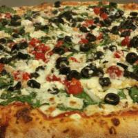 Greek Pizza · Tzalziki sauce, special 3 cheese blend, feta cheese, spinach, red onion, tomatoes, black oli...