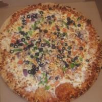 Veggie Pizza · Fresh mushrooms, onion, green pepper, black olives, fresh tomatoes and extra cheese.