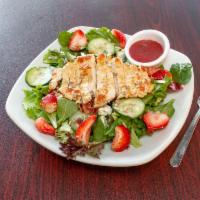 Chicken Strawberry Salad · Mix greens, chicken, strawberries, goat cheese, cranberries, and pecans. It comes with bread.